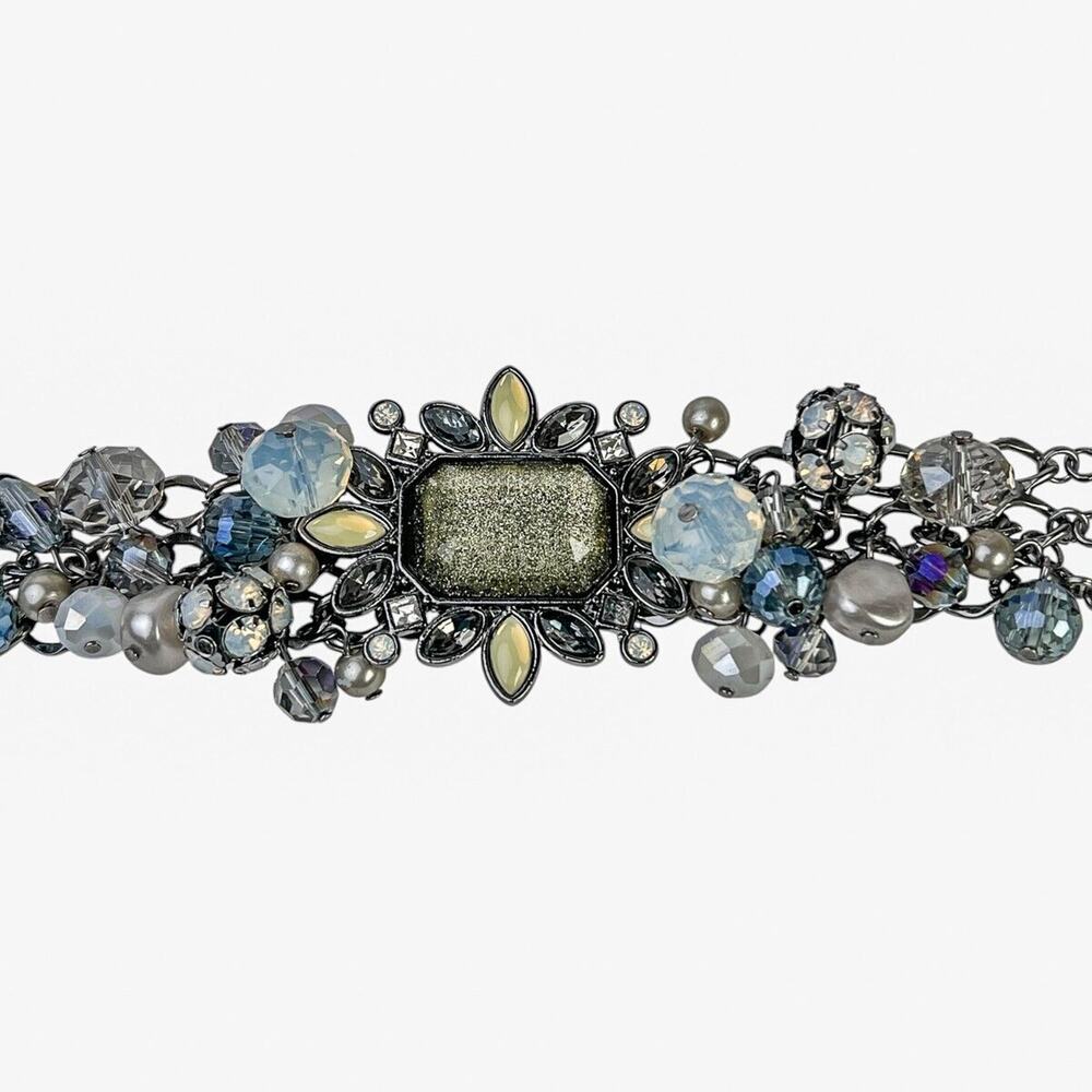 Cha Cha Beaded Bracelet Retro Glam Statement Glitter Stone Dangle Blue Gray Wide
